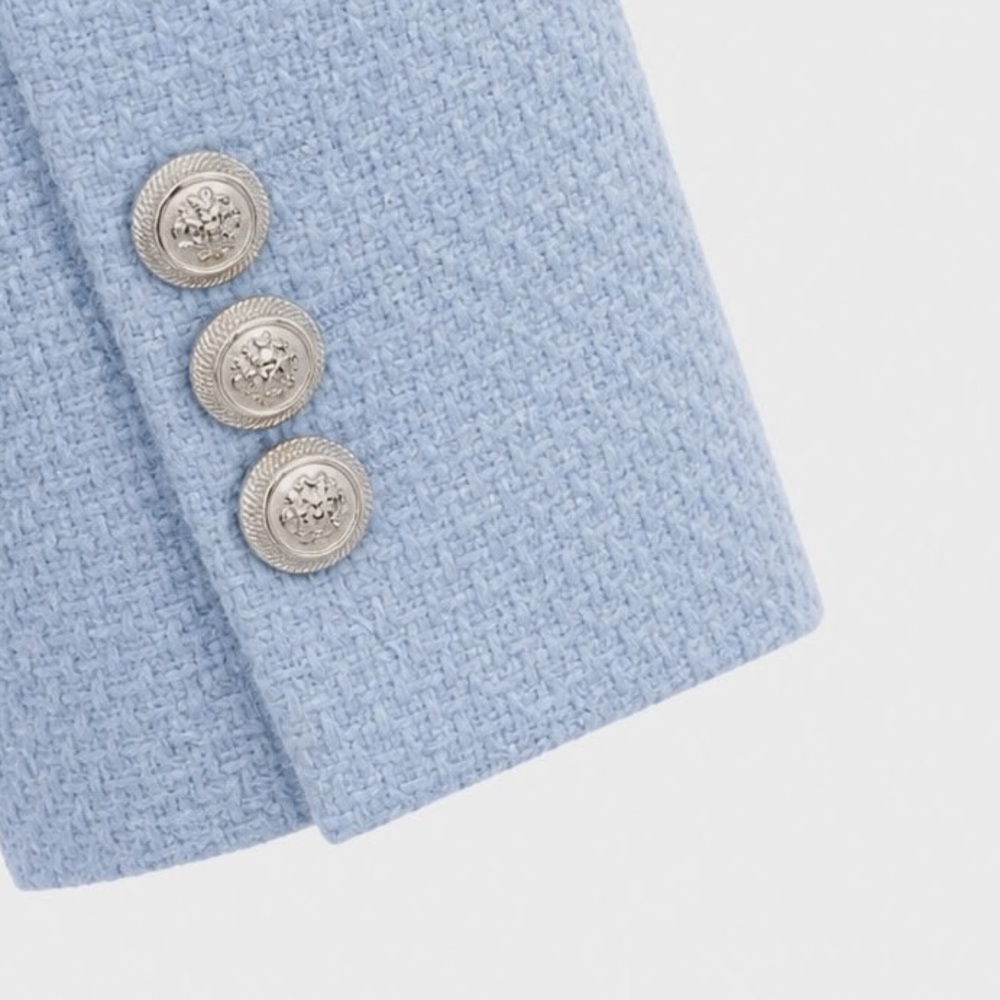 NWOT. Sz 8. ZARA Sky Blue Textured Tweed Double Breasted Blazer Jacket - Picture 12 of 13